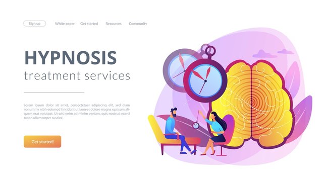 Hypnotherapy session, subconscious research. Psychiatrist assistance. Hypnosis practice, altered state of mind, hypnosis treatment services concept. Website homepage landing web page template.