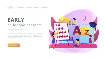 Primary school. Elementary grade pupils studying arithmetic and alphabet. Early education, early childhood program, early education center concept. Website homepage landing web page template. - obrazy, fototapety, plakaty