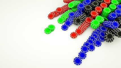 Multi-colored stacks of casino chips on a white background. 3d rendering illustration