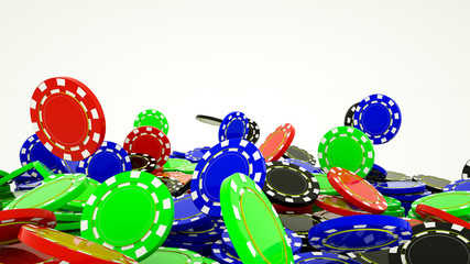 Multi-colored stacks of casino chips on a white background. 3d rendering illustration