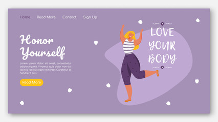 Honor yourself landing page vector template. Body positive website interface idea with flat illustrations. Feminism homepage layout. Love your body web banner, webpage cartoon concept