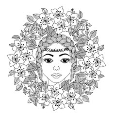 Vector illustration zentangl. Girl with a scythe in a frame of flowers. Coloring book. Antistress for adults and children. Work done in manual mode. Black and white.