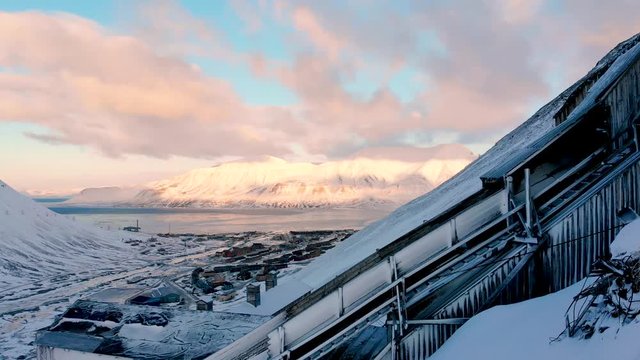 Arctic marooned mine sunset view over northern city in the world, lonyearbyen