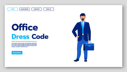 Office dress code landing page vector template. Business fashion website interface idea with flat illustrations. Corporate apparel style homepage layout. Formal clothing web banner cartoon concept