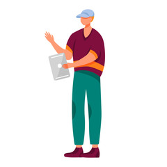 Young man with tablet flat vector illustration. Teenager culture. Millennial. Full body guy holding gadget. Caucasian adolescent boy in casual clothes isolated cartoon character on white background