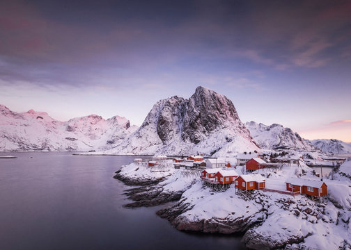 Red houses and beautiful mountain in Stunning Norway