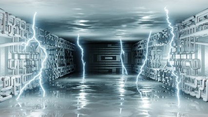 Sci-fi interior city landscape abstract podium modern technology design. Bright neon flashes of electricity, lightning. Pipes, cables, communication. 3D rendering