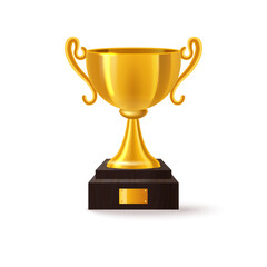 Stand with golden 3d trophy, realistic winner cup