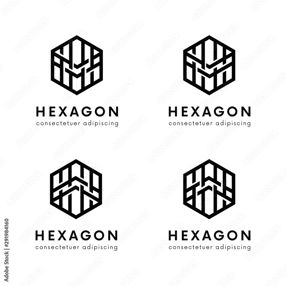 Poster set of simple linear hexagon logo designs. vector geometric icon company sign.