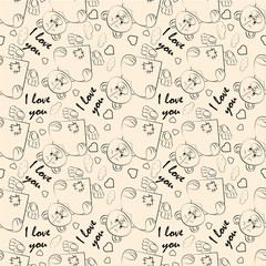 contoured seamless childrens illustration of a little bear hugging a heart with I love you drawn on a checked notebook