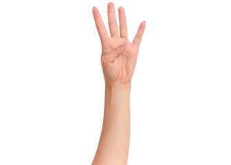 Female hand showing 4 fingers gesture, isolated on white background. Beautiful hand of woman with...