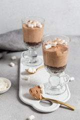 Chocolate mousse dessert in glasses with marshmallows on gray background. Close up. Recipe, menu. Close up