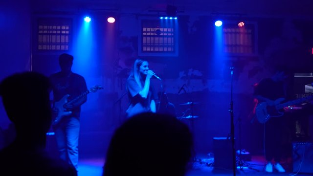 A young independent artist sings with her band at her first concert