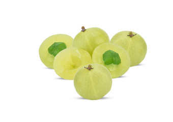 Phyllanthus emblica or Indian gooseberry fruits isolate on white background.Also known as emblic,emblic myrobalan,myrobalan.