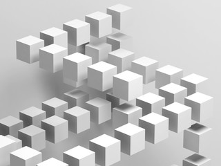 Fototapeta premium White flying cubes installation. Abstract 3 d
