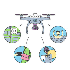 Drone usage Infographic. Drone or UAV for police with police mark on his front side vector. Aircraft makes identification of a thief at the crime scene, tracking people in danger outline. - Vector