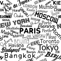  Cities of the world text seamless pattern texture. Perfect for textile, wallpaper, wrapping paper, book cover vector design.