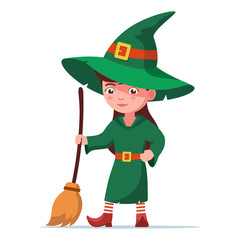 Witch girl stands and holds a broom