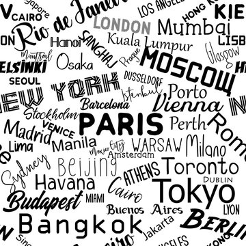  Cities of the world text seamless pattern texture. Perfect for textile, wallpaper, wrapping paper, book cover vector design.