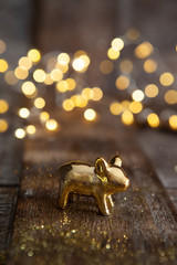 Goldenes Schweinchen vor Lichtern