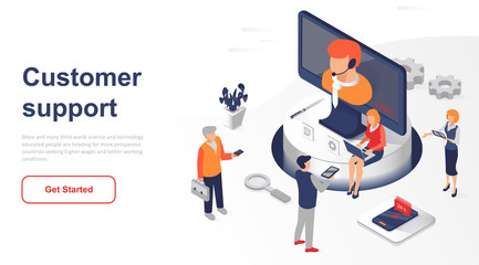 Isometric landing page customer support or service flat concept. Digital user support at any time for website or homepage. Isometric vector illustration template. - obrazy, fototapety, plakaty