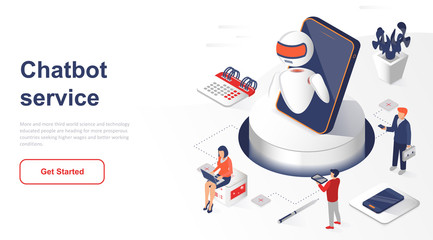 Isometric landing page chatbot or artificial intelligence flat concept. Robot and computer network for website or homepage. Isometric vector illustration template.