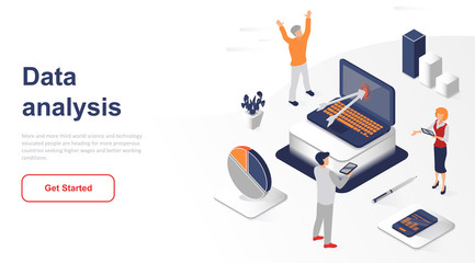 Isometric landing page data analysis or analytics flat concept. Computer storage analytical data for website or homepage. Isometric vector illustration template. - obrazy, fototapety, plakaty