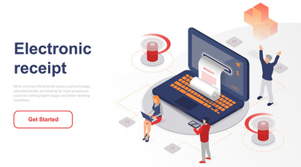 Isometric landing page electronic receipt or invoice flat concept. Digital bill for mobile internet banking for website or homepage. Isometric vector illustration template.