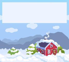 Winter seamless background with house, snowman and lights daylight with place for text. Christmas house in the mountains. Winter day illustration. Christmas mountain landscape. Winter colorful card.