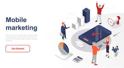 Isometric landing page mobile marketing or advertising flat concept. Internet advertisement and social promotion for website or homepage. Isometric vector illustration template.