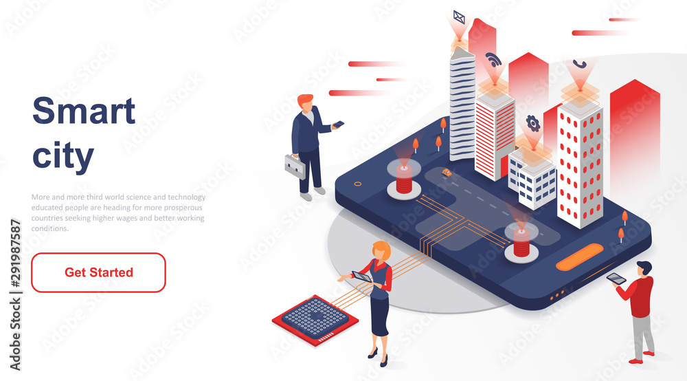 Wall mural isometric landing page smart city or intelligent flat concept. building automation with computer net