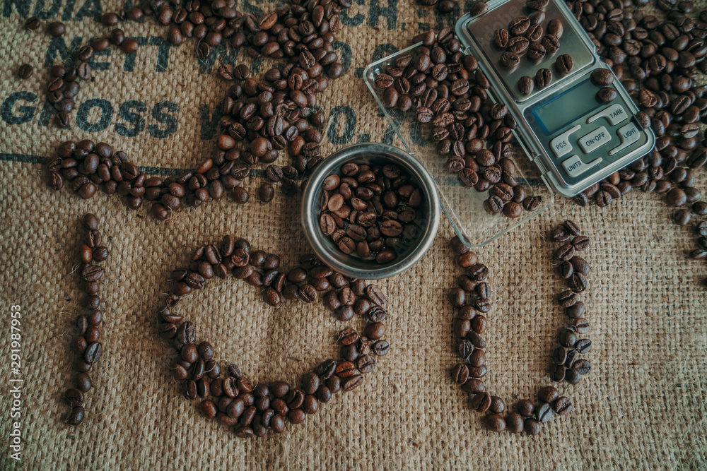 Wall mural modern coffee scale and coffee grinder on old table