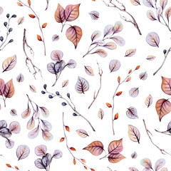 Seamless Pattern of Watercolor Leaves and Branches