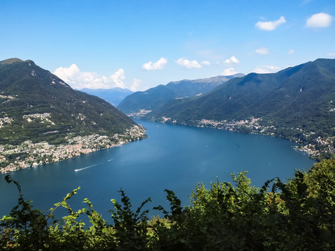 The view on the Como lake from Montepiatto village - view to the village Urio. Touristic viewpoint, hiking up 