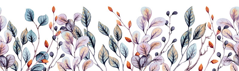 Seamless Border of Watercolor Autumn Leaves and Herbs