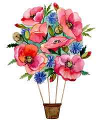 illustration watercolor. floral ballon of poppies