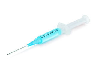 Fototapeta premium Medical syringe with blue liquid isolated on white background.