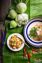 Crispy pork in chilli jam tradition Thai style on the banana leaf in lifgting studio
