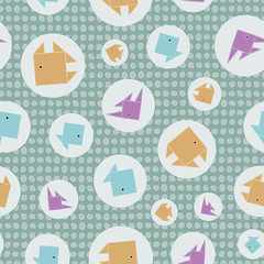 Vector Blue, Purple, Yellow Fish on Green Polka Dots Seamless Repeat Pattern. Background for textiles, cards, manufacturing, wallpapers, print, gift wrap and scrapbooking.