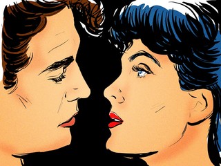 POP ART couple amour un homme et une femme prêt pour un baiser, dessin couleur - 291991799