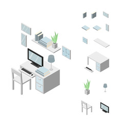 Set of Working table furniture. Chair, table, computer, keyboard, frame, books, shelf and plant. Isometric Drawing Vector.