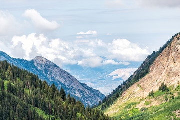 Albion Basin, Utah summer high angle view of Cottonwood Canyon valley from Alta and clouds