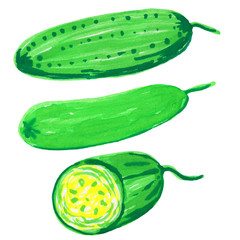 set of cucumbers and slices of cucumber. raster illustration, felt-tip pen drawing
