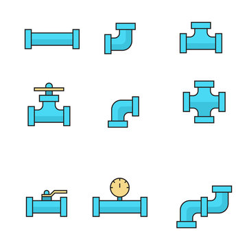 Pipes and fittings, tap. Vector icons lineart. Sewage and Drainage