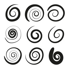 Set of black spiral and swirl motion elements. Swirling vector icons