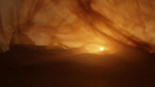 mars sunset sunrise during dust storm, dust clouds rise in the windy weather  as the sun casts orange-yellow lights on the horizon of the red planet. A 3D illustration of planet mars rocky landscape.