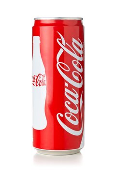 GERMANY - SEPTEMBER 25, 2019 : Coca cola soda beverage can with logo over white background