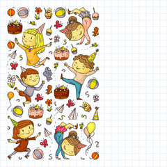 Vector illustration in cartoon style, active company of playful preschool kids jumping, at a party, birthday. Drawing on squared notebook.