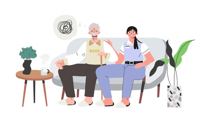 An elderly man with Alzheimer’s disease in doctor office with a nurse taking medical care as he has problems with memory, thinking and behavior. Because of his dementia he is disoriented and confused.