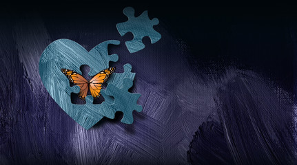 Graphic abstract butterfly escapes heart with puzzle piece opening background